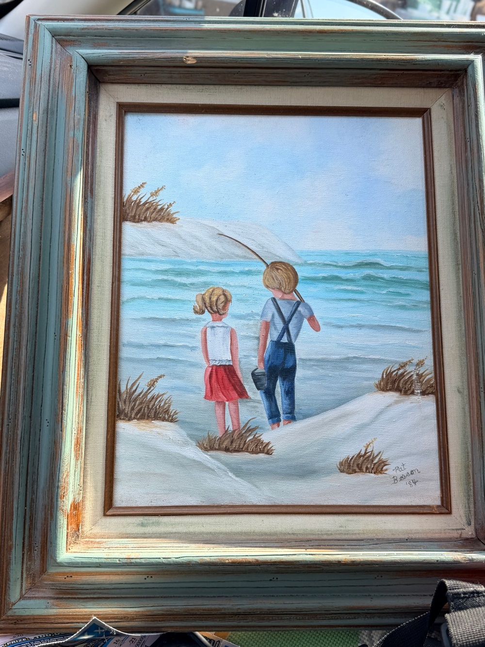 Coastal Children Beach Painting in Teal Frame